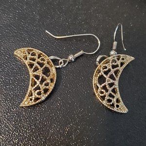 Gold Tone Open Works Earrings Crescent Moon Style